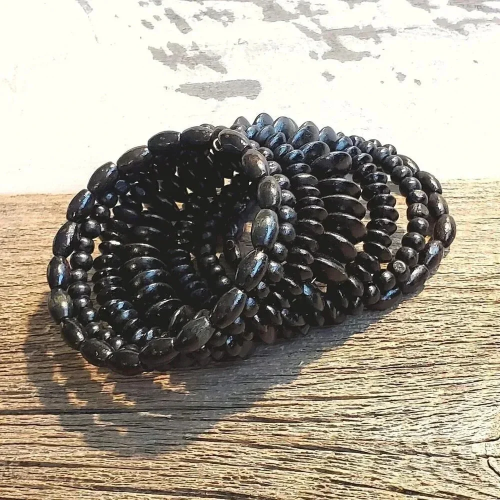 Vintage 90s Bali Sustainable Black Wood Beads Memory Wire Wrap Bracelet
